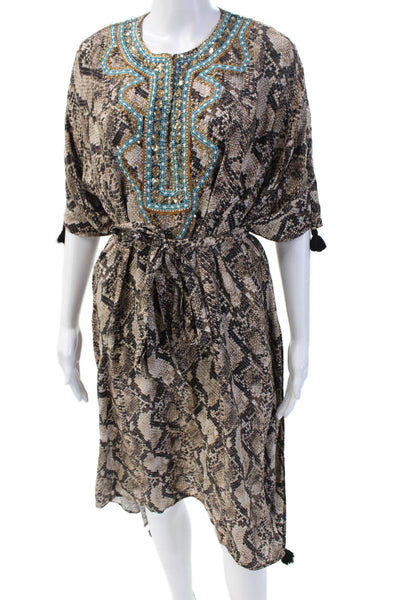 Figue Women Kaftan Dress Beige Silk Animal Print 3/4 Sleeve Midi Size M