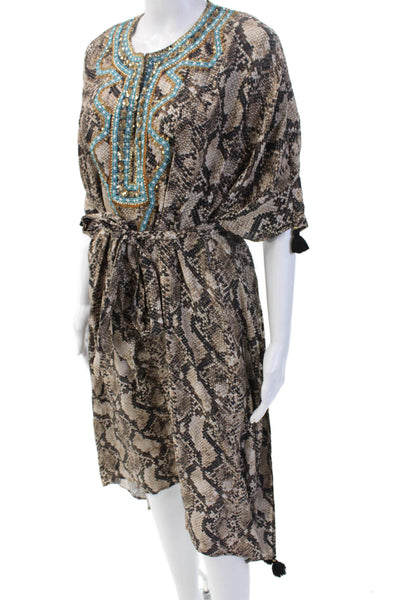 Figue Women Kaftan Dress Beige Silk Animal Print 3/4 Sleeve Midi Size M