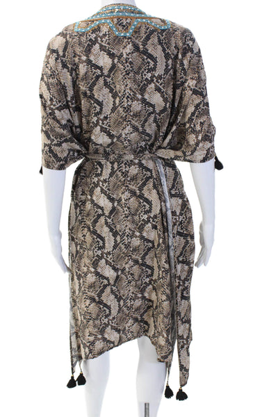 Figue Women Kaftan Dress Beige Silk Animal Print 3/4 Sleeve Midi Size M