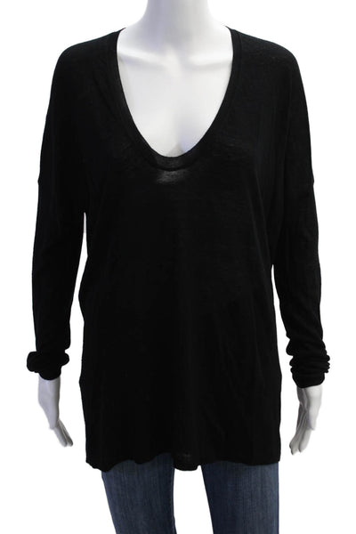 Vince Women Black V-Neck Tunic Long Sleeve Basic Top Size L
