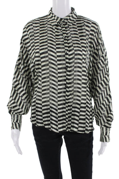 Zara Women Black Striped Collared Button-Up Blouse Long Sleeve Size S