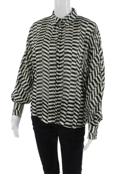 Zara Women Black Striped Collared Button-Up Blouse Long Sleeve Size S