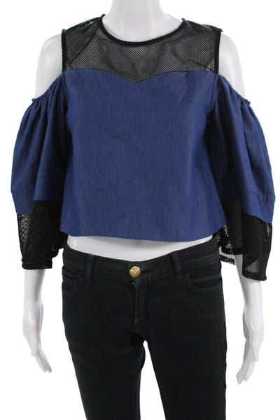 Gracia Women Cropped Black Blouse 3/4 Sleeve Crew Neck Cotton Blend Size S