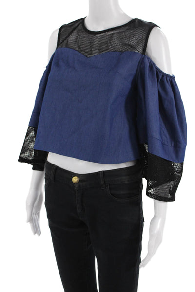 Gracia Women Cropped Black Blouse 3/4 Sleeve Crew Neck Cotton Blend Size S