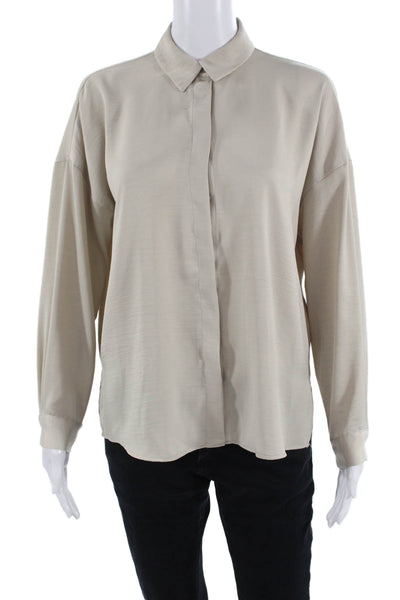 Zara Women Beige Collared Button-Up Basic Polyester Blouse Long Sleeve Size XS