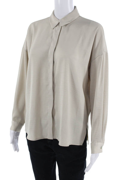 Zara Women Beige Collared Button-Up Basic Polyester Blouse Long Sleeve Size XS
