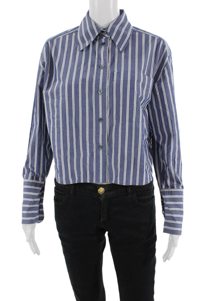 Banana Republic Women Cropped Blue Striped Button-Up Long Sleeve Size XS