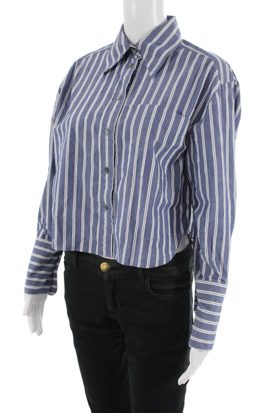 Banana Republic Women Cropped Blue Striped Button-Up Long Sleeve Size XS