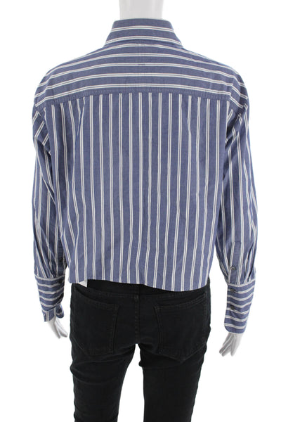 Banana Republic Women Cropped Blue Striped Button-Up Long Sleeve Size XS