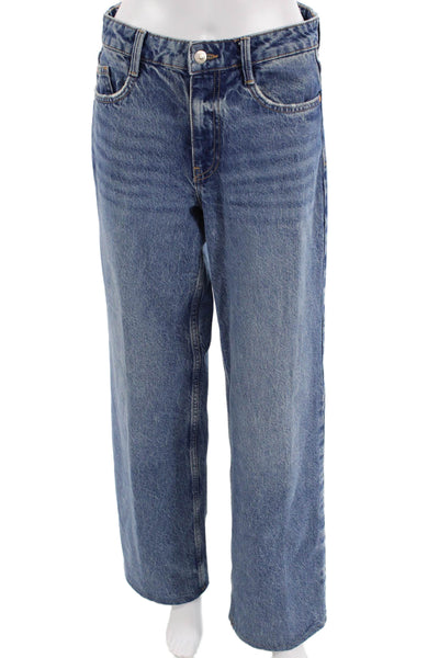 Zara Unisex Straight Wide-Leg Jeans Blue High-Rise Cotton Blend Size 2