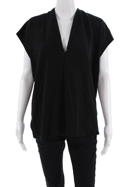 Zara Women V-Neck Short Sleeve Basic Black Sweater Polyester Blend Size L