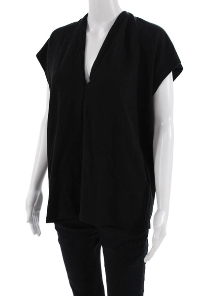 Zara Women V-Neck Short Sleeve Basic Black Sweater Polyester Blend Size L