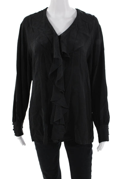 The J. Peterman Co. Womens Black V-Neck Button Long Sleeve Blouse Size 12