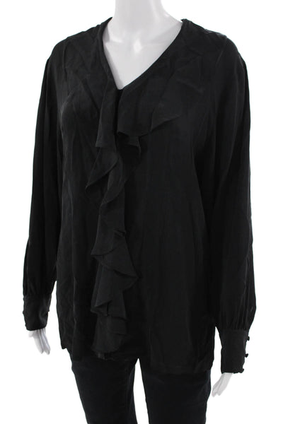 The J. Peterman Co. Womens Black V-Neck Button Long Sleeve Blouse Size 12