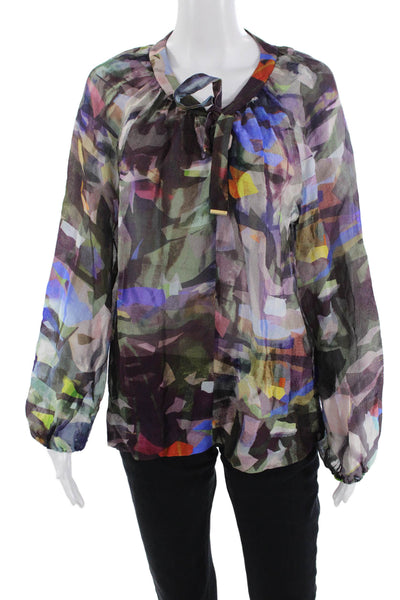 Escada Women Multi-Color Graphic Tie-Front Long Sleeve Blouse Size S
