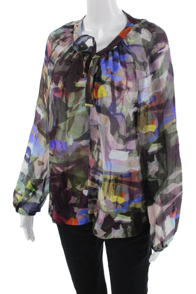Escada Women Multi-Color Graphic Tie-Front Long Sleeve Blouse Size S