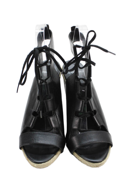 Pierre Hardy Womens Leather Lace Up Espadrille Wedge Sandals Black Size 39 9