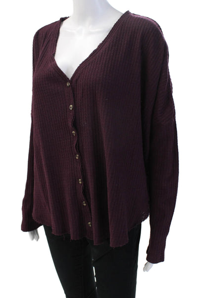 Out From Under Women Bohemian Purple V-Neck Button-Up Long Sleeve Top Size M