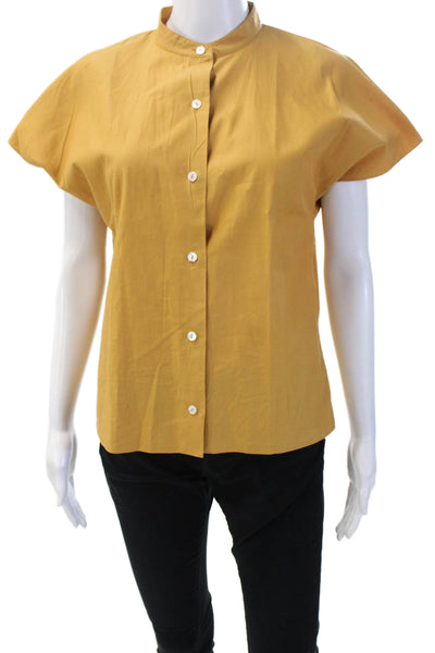 Theory Women Yellow Basic High Neck Button-Up Short Sleeve Blouse Size M