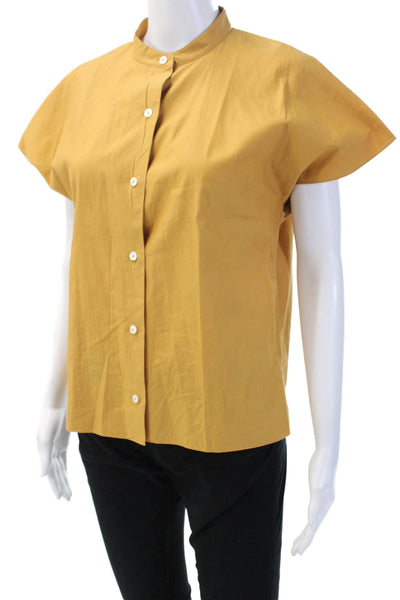 Theory Women Yellow Basic High Neck Button-Up Short Sleeve Blouse Size M