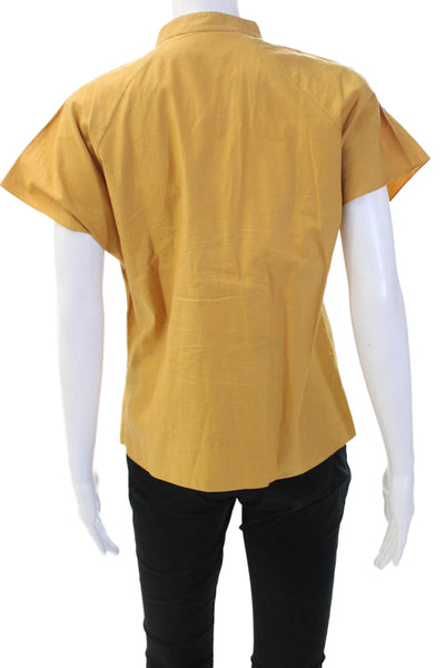 Theory Women Yellow Basic High Neck Button-Up Short Sleeve Blouse Size M