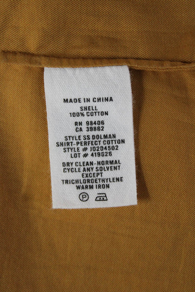 Theory Women Yellow Basic High Neck Button-Up Short Sleeve Blouse Size M