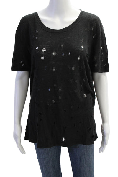 IRO Womens Black Linen Short Sleeve Basic T-Shirt Round Neck Grunge Size L