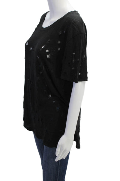 IRO Womens Black Linen Short Sleeve Basic T-Shirt Round Neck Grunge Size L