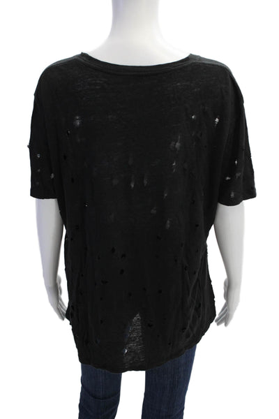 IRO Womens Black Linen Short Sleeve Basic T-Shirt Round Neck Grunge Size L