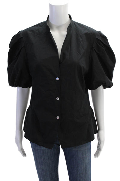 Vince Women Black Mock Neck Short Sleeve Button-Up Blouse Size 10