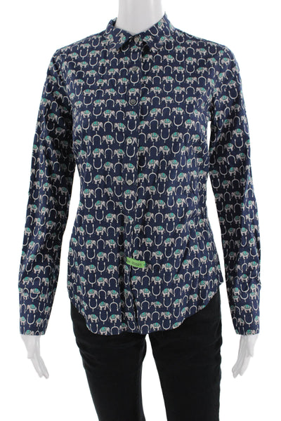 J Crew Women Dark Blue Long Sleeve Button-Up Cotton Animal Graphic Size 2