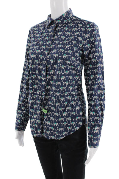 J Crew Women Dark Blue Long Sleeve Button-Up Cotton Animal Graphic Size 2