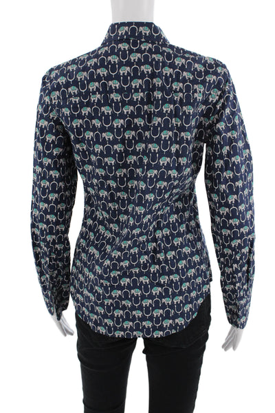 J Crew Women Dark Blue Long Sleeve Button-Up Cotton Animal Graphic Size 2