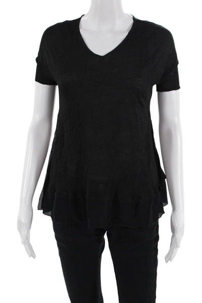 Eileen Fisher Women Black 100% Silk V-Neck Short Sleeve T-Shirt Size PP