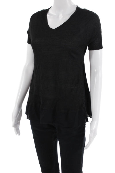Eileen Fisher Women Black 100% Silk V-Neck Short Sleeve T-Shirt Size PP