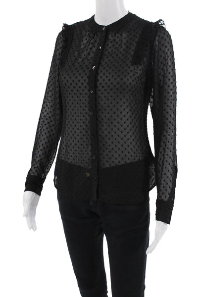 Express Womens Black Polka Dot Button-Up Blouse Crew Neck Long Sleeve Size 2XS