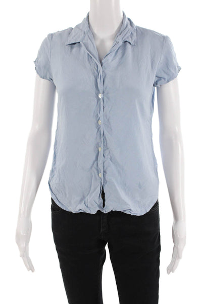 Ann Taylor Women Light Blue Silk Collared Button-Up Blouse Short Sleeve Size 2P