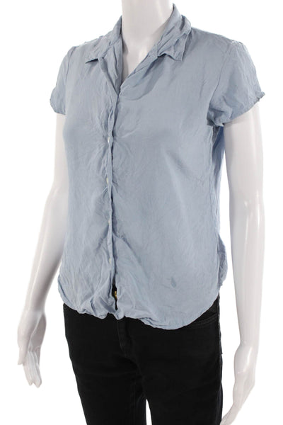Ann Taylor Women Light Blue Silk Collared Button-Up Blouse Short Sleeve Size 2P