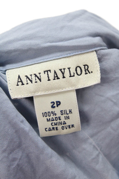 Ann Taylor Women Light Blue Silk Collared Button-Up Blouse Short Sleeve Size 2P