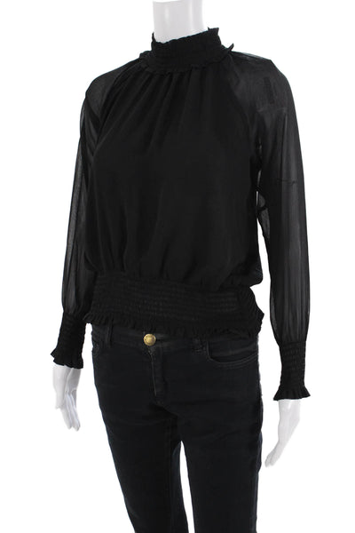 Ann Taylor Women Petite Black High Neck Long Sleeve Polyester Blouse Size 2XS
