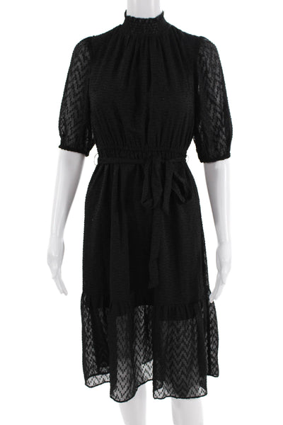 Loft Womens Fit & Flare Black Geometric Mock Neck 3/4 Sleeve Dress Size 2XS