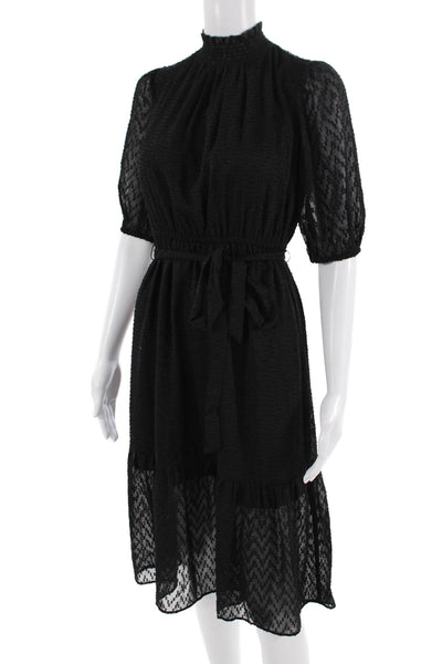 Loft Womens Fit & Flare Black Geometric Mock Neck 3/4 Sleeve Dress Size 2XS