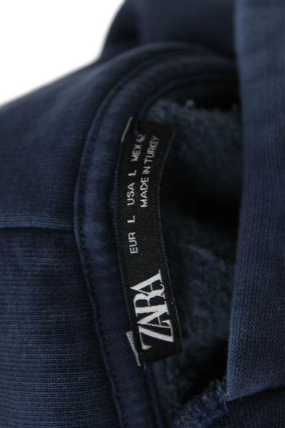 Zara Mens Pullover Hoodie Blue Cotton Drawstring Solid Size L