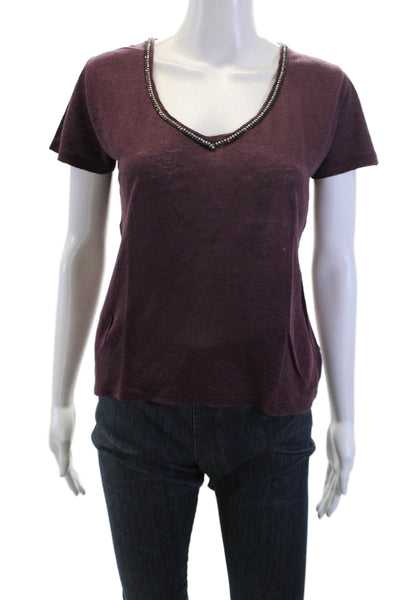Maje Women Purple V-Neck Short Sleeve Basic T-Shirt Cotton Blend Size 1