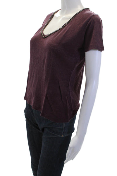 Maje Women Purple V-Neck Short Sleeve Basic T-Shirt Cotton Blend Size 1
