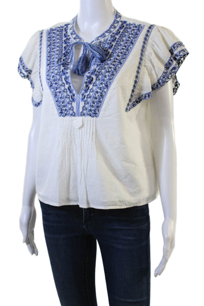 Intermix Womens Tunic Blouse White Floral Cotton Short Sleeve Size L