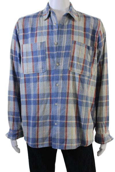Zara Mens Button Front Collared Long Sleeve Plaid Slim Shirt Blue Size Large