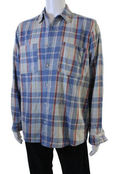 Zara Mens Button Front Collared Long Sleeve Plaid Slim Shirt Blue Size Large