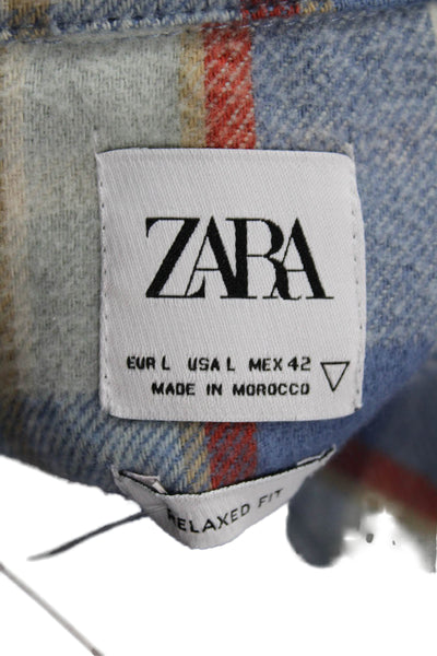 Zara Mens Button Front Collared Long Sleeve Plaid Slim Shirt Blue Size Large