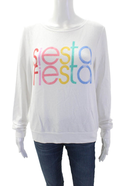 Wildfox Womens Pullover Sweatshirt White Graphic Round Neck Long Sleeve Size XS